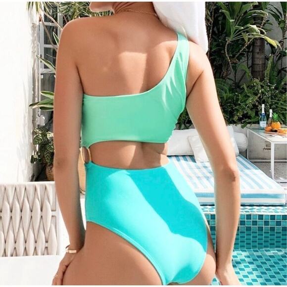 Shein Blue Green 2 Tone Side Ring 1pc Swimsuit MEDIUM Sexy Pastel Swimwear Beach - Picture 4 of 10